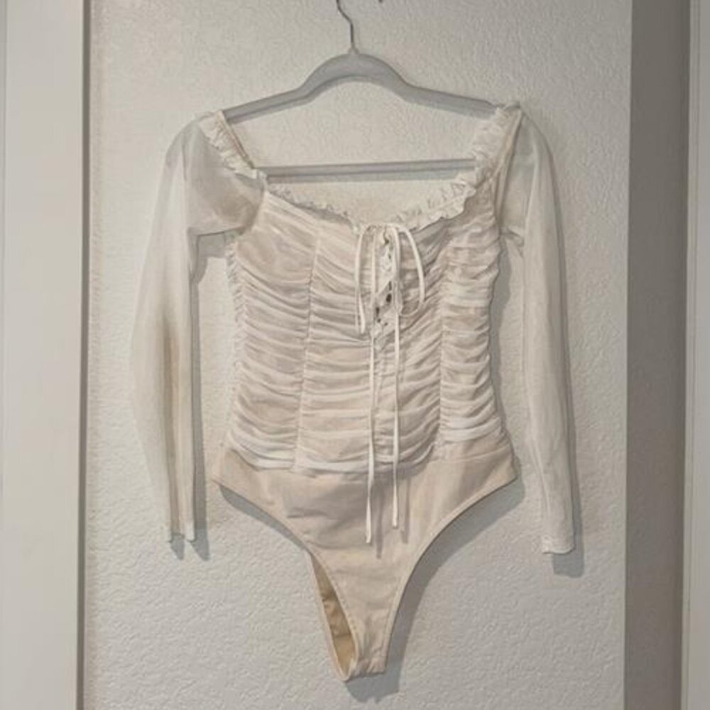 White Long Sleeve Ruched Bodysuit